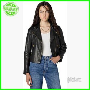 Slim Fit Leather Biker Jacket with Metal Trims, Long Sleeve